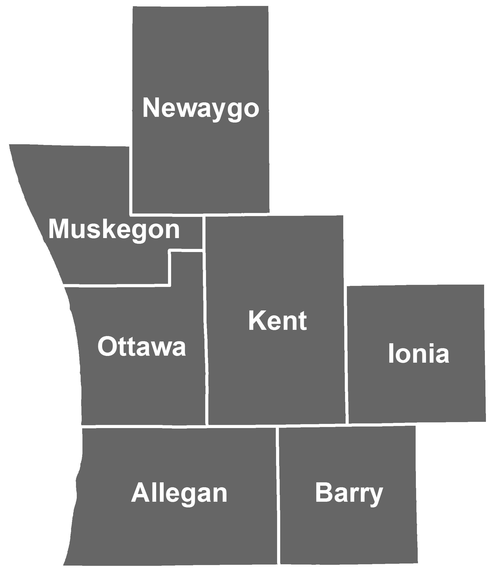 A map of the seven West Michigan counties in the INVEST project: Allegan, Barry, Kent, Ionia, Muskegon, Newaygo, and Ottawa.